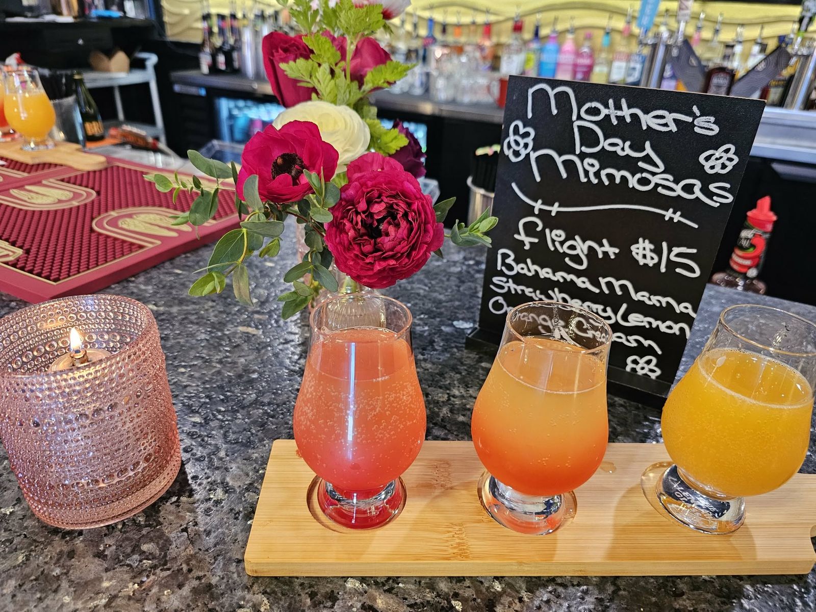 Mimosa flight and flowers on the bar